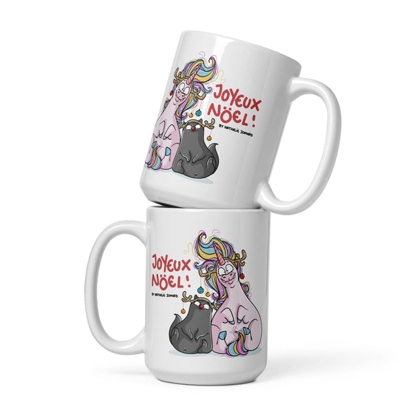 Joyeux Noël Bouboulicorne et Chat-Bouboule by Nathalie Jomard - Mug Blanc Brillant