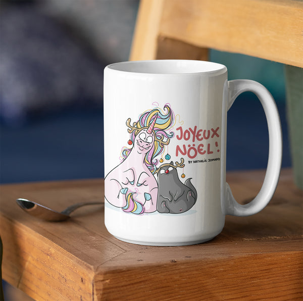 Joyeux Noël Bouboulicorne et Chat-Bouboule by Nathalie Jomard - Mug Blanc Brillant