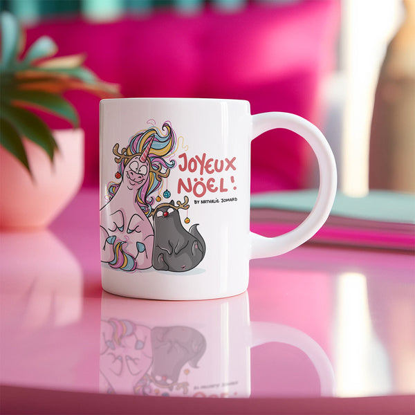 Joyeux Noël Bouboulicorne et Chat-Bouboule by Nathalie Jomard - Mug Blanc Brillant