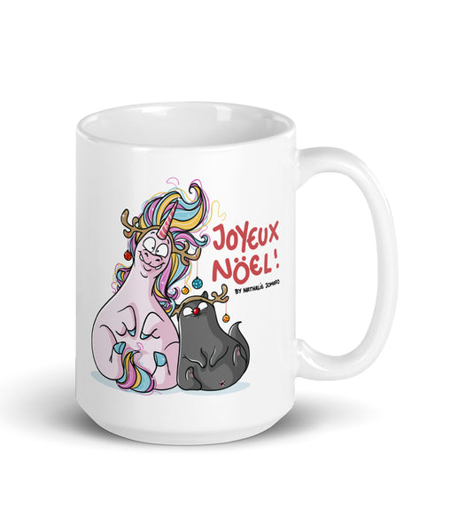 Joyeux Noël Bouboulicorne et Chat-Bouboule by Nathalie Jomard - Mug Blanc Brillant