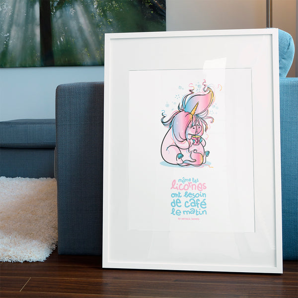 Poster Même les licornes ont besoin de café le matin - By Nathalie Jomard