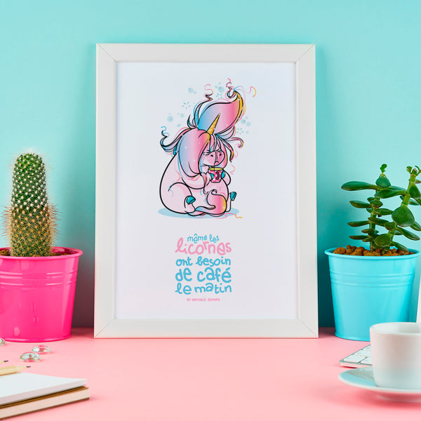 Poster Même les licornes ont besoin de café le matin - By Nathalie Jomard