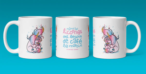 Même les licornes ont besoin de café le matin, by Nathalie Jomard - Mug Blanc Brillant