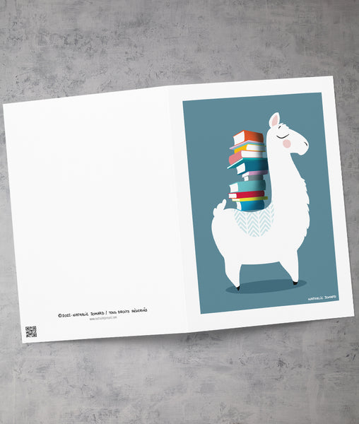 Le lama bibliophile by Nathalie Jomard - Carte de vœux