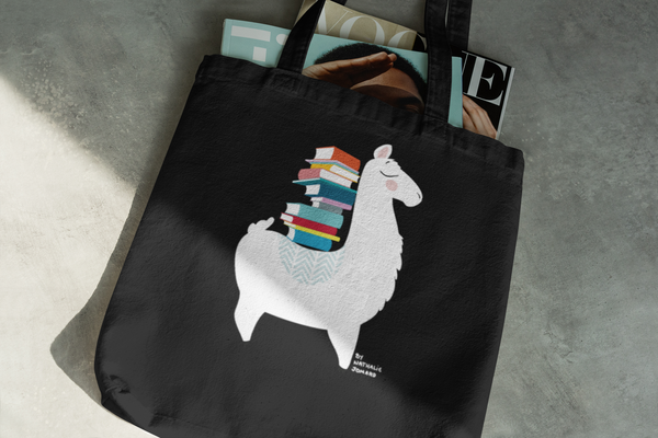Le Lama bibliophile by Nathalie Jomard - Tote bag Premium Noir